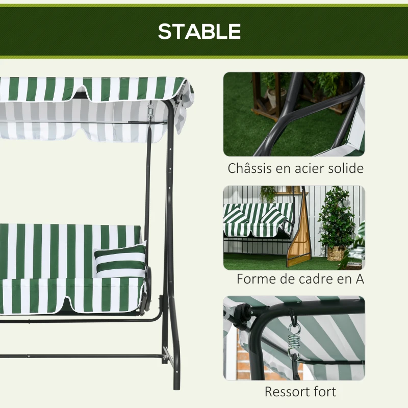 Outsunny Balancelle de jardin 2 places 2 coussins toit réglable acier polyester dim. 175L x 120l x 166H cm vert blanc
