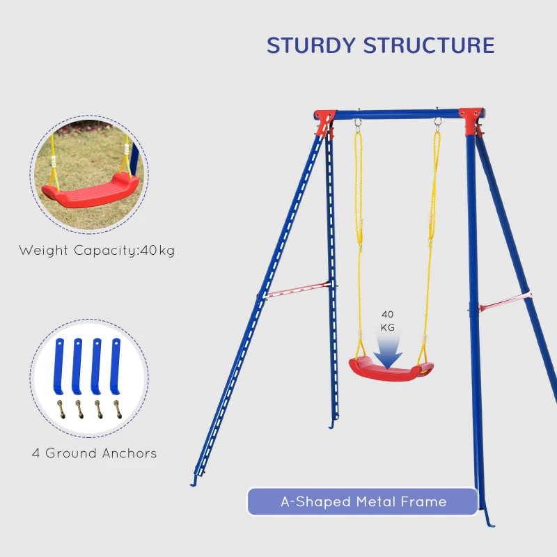 Outsunny Metal Swing Set with Seat Adjustable Rope Heavy Duty A-Frame Stand Backyard Outdoor Playset for Kids Fun 3-8 Years Old Blue