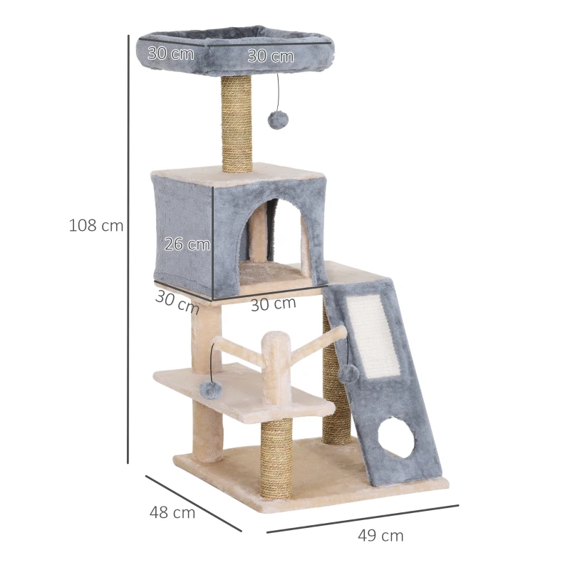 Drapak dla kota domek z tunelem drzewko do wspinania słupek do drapania sizal szary 48 x 49 x 108 cm PawHut®
