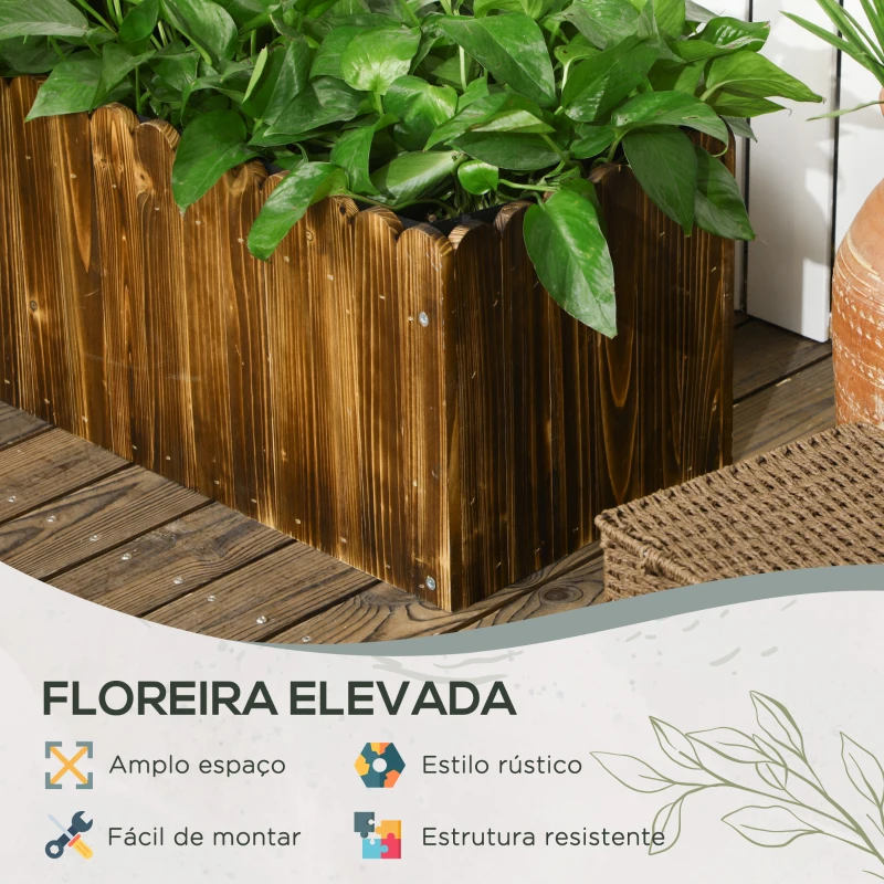 Outsunny Floreira de Madeira Retangular com Orifício de Drenagem e Tecido não Tecido para Plantas Flores Ervas 80x30x30 cm Marrom