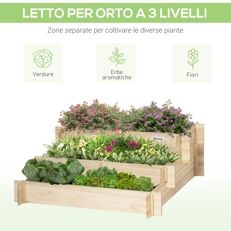 Outsunny Orto Rialzato a 3 Livelli in Legno d'Abete per Verdure, Fiori e Piante da Giardino 93x93x35 cm