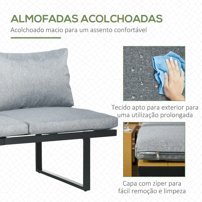 Outsunny Conjunto Móveis de Jardim de Alumínio 3 Peças Inclui 2 Sofás com Almofadas Mesa de Centro e Painel Lateral Cinza e Madeira