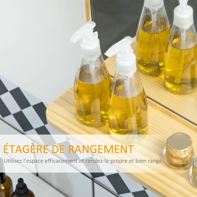 HOMCOM Miroir mural avec étagère en bois de pin pour salon chambre ou dressing 56 x 71,6 x 12 cm