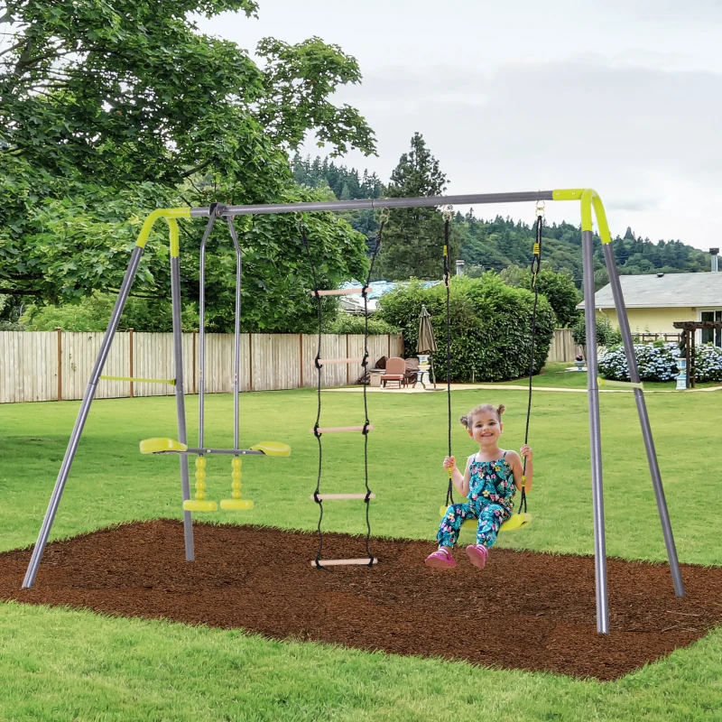HOMCOM A Frame Kids Metal Swing Set Swing Chair & Glider Climbing Ladder Set for Backyard Playground