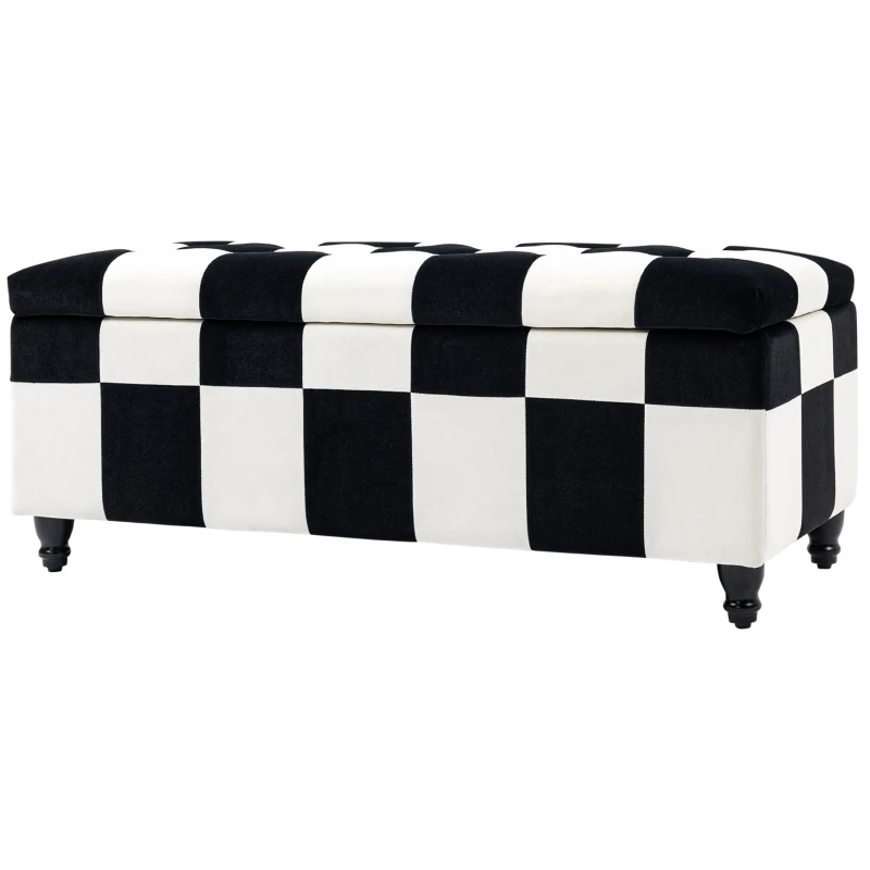 HOMCOM 114 x 47 x 47cm Velvet Storage Ottoman, Button-tufted Footstool Box, Toy Chest with Lid for Living Room, Bedroom, White and Black