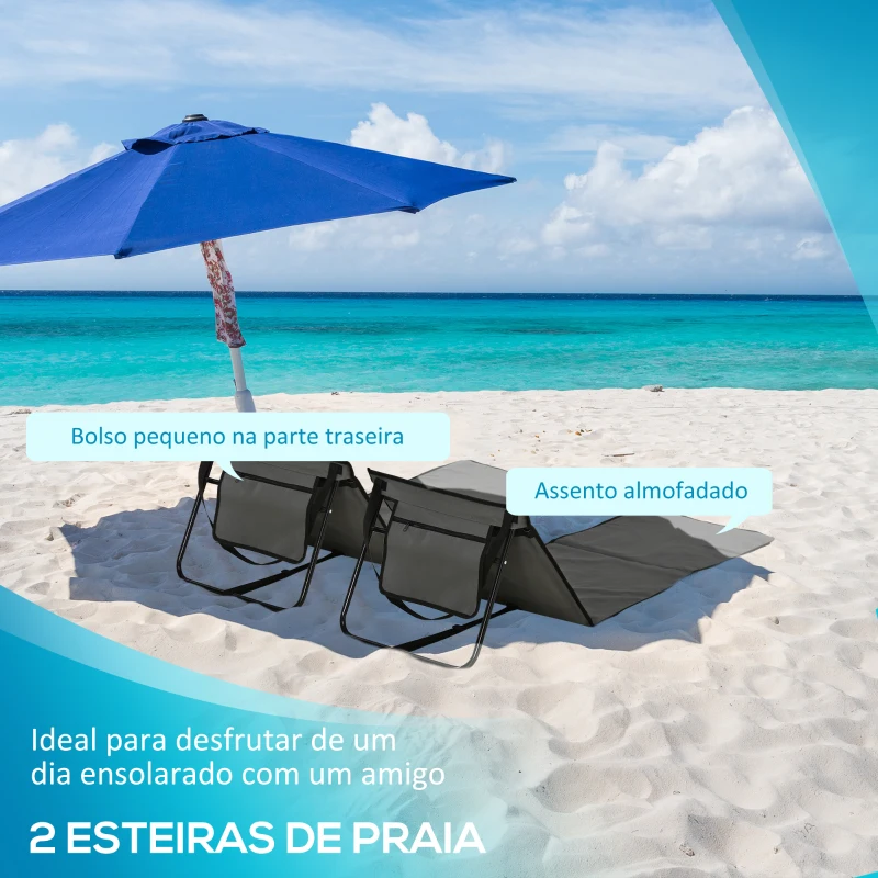 Outsunny Conjunto de 2 Esteiras de Praia Dobrável Esteiras Acolchoadas com Encosto Reclinável 142x51x40 cm Cinza