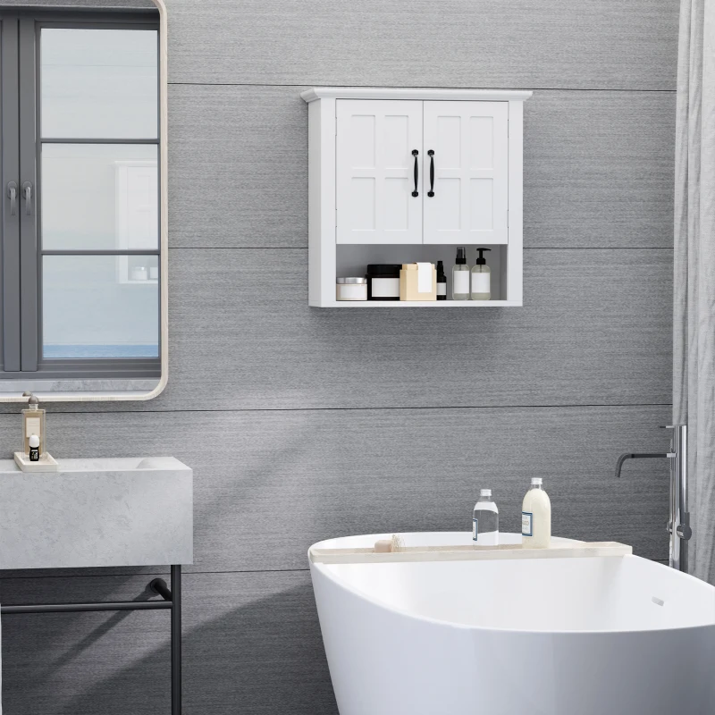 HOMCOM Armário de Parede para Casa de Banho com 2 Portas e Prateleira Ajustável e Armazenamento Aberto 60x19,8x58 cm Branco