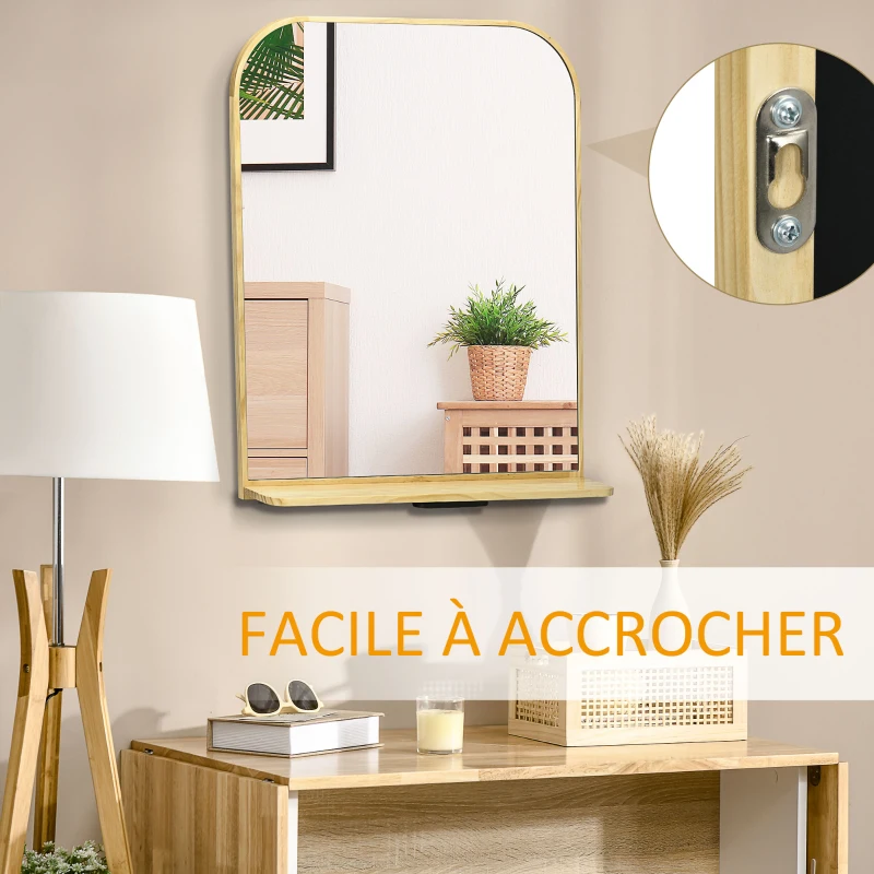 HOMCOM Miroir mural avec étagère en bois de pin pour salon chambre ou dressing 56 x 71,6 x 12 cm