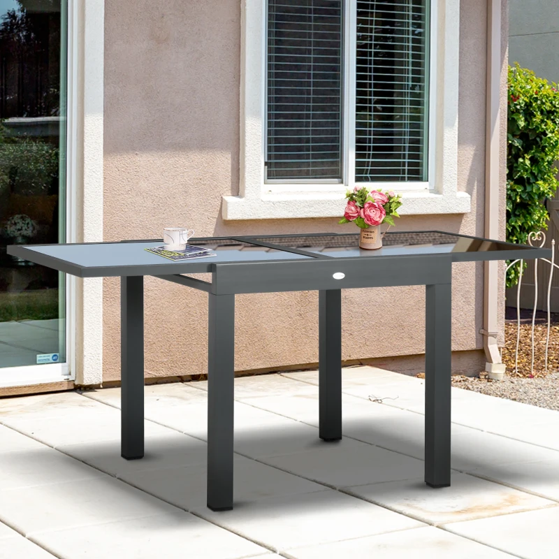 Outsunny Extending Garden Table, Outdoor Dining Table with Aluminium Frame and Tempered Glass Tabletop, 80/160 x 80 x 75 cm, Black