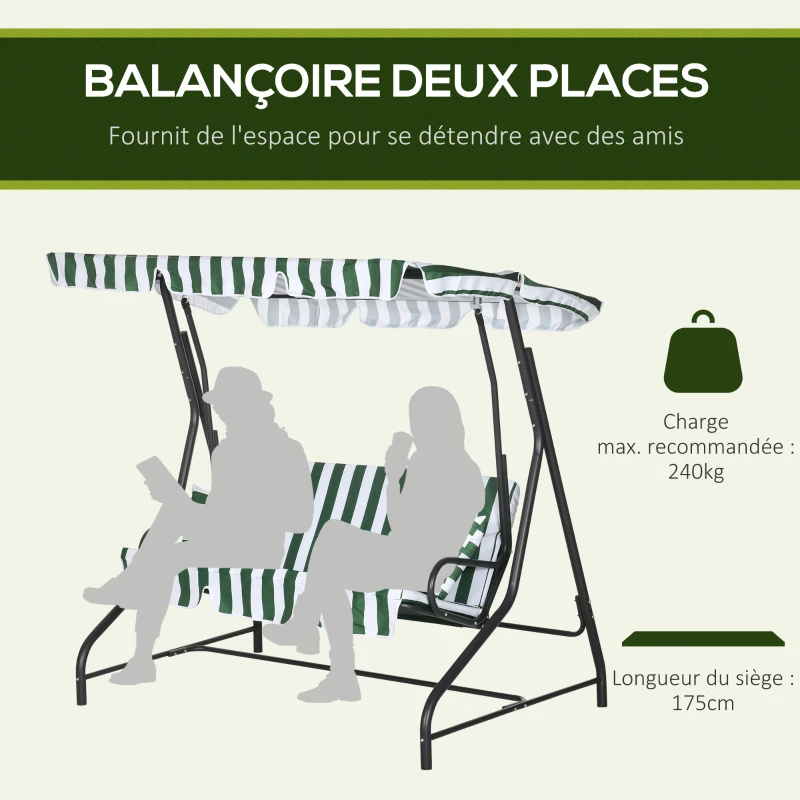 Outsunny Balancelle de jardin 2 places 2 coussins toit réglable acier polyester dim. 175L x 120l x 166H cm vert blanc