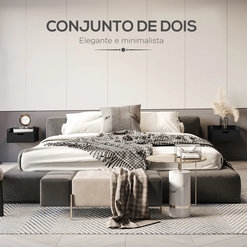 HOMCOM Conjunto de 2 Mesas de Cabeceira de Parede Mesas de Cabeceira Flutuantes com 1 Gaveta 40x30x19,5 cm Preto