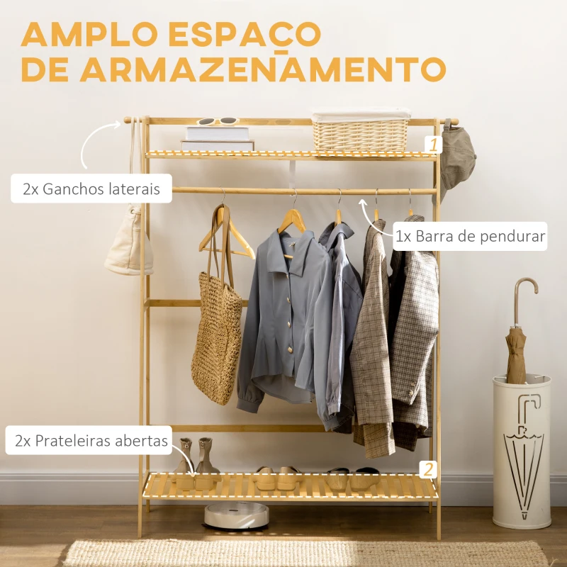 HOMCOM Suporte para Cabide de Bambu com 2 Prateleiras de Armazenamento 2 Ganchos Laterais e Barra Suspensa 114x40x139 cm Madeira