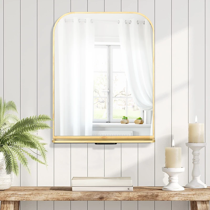 HOMCOM Miroir mural avec étagère en bois de pin pour salon chambre ou dressing 56 x 71,6 x 12 cm