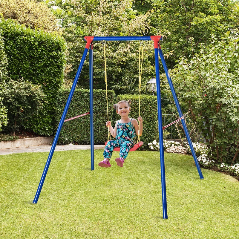 Outsunny Metal Swing Set with Seat Adjustable Rope Heavy Duty A-Frame Stand Backyard Outdoor Playset for Kids Fun 3-8 Years Old Blue