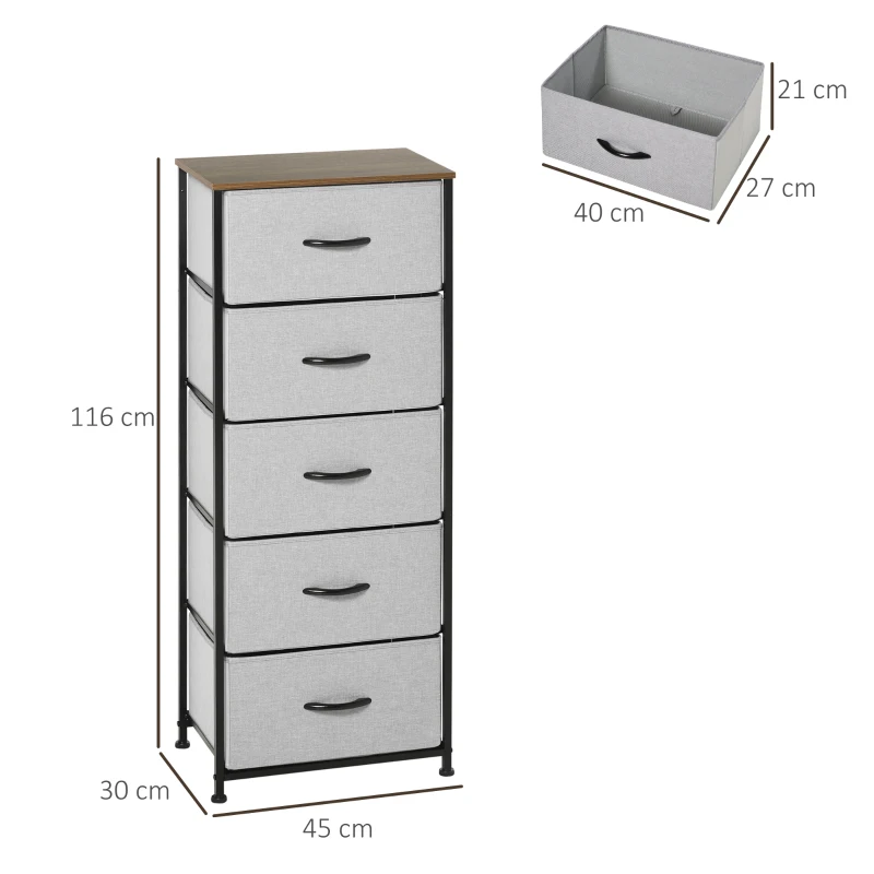 HOMCOM Comoda 5 sertare in stil industrial, comoda pentru dormitor cu sertare detasabile din material textil, lemn si otel, 45x30x116cm