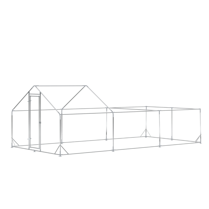 PawHut Cotet de Gaini pentru Gradina pentru 15-18 Gaini, din Otel Zincat si PE cu Copertina si Incuietoare, 600x300x195 cm, Gri Argintiu(m-9)