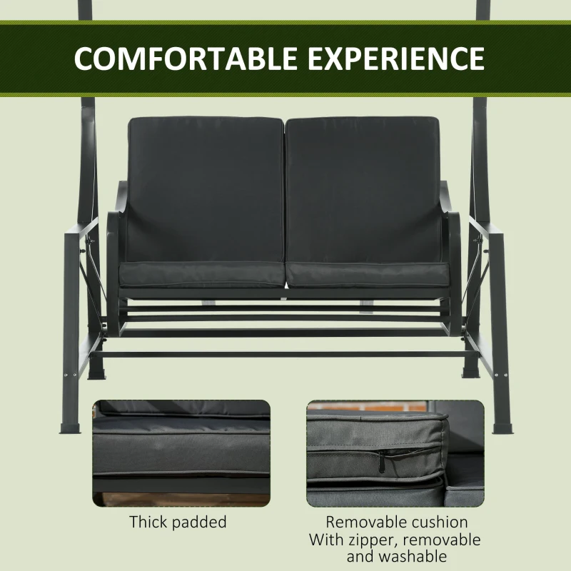 Balansoar pentru gradina cu 2 locuri, din otel cu acoperis inclinabil si perne cu husa detasabila, 148x129x172 cm, negru si gri