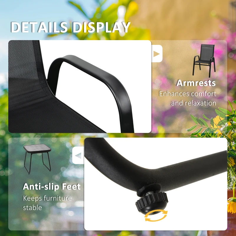Outsunny Set Bistro de Exterior din 3 piese, Fotolii Stivuibile pentru Terasa cu Tesatura de Plasa Care Permite Circulatia Aerului si Placa PSC, Masuta de Cafea, Negru