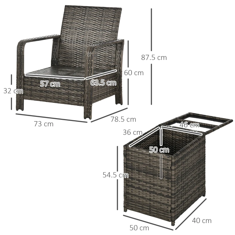 Outsunny 3 Pieces Rattan Bistro Set, Wicker Garden Furniture Set with Storage  Coffee Table and Chairs, Thickened Cushions for Outdoor, Patio, Balcony, Grey