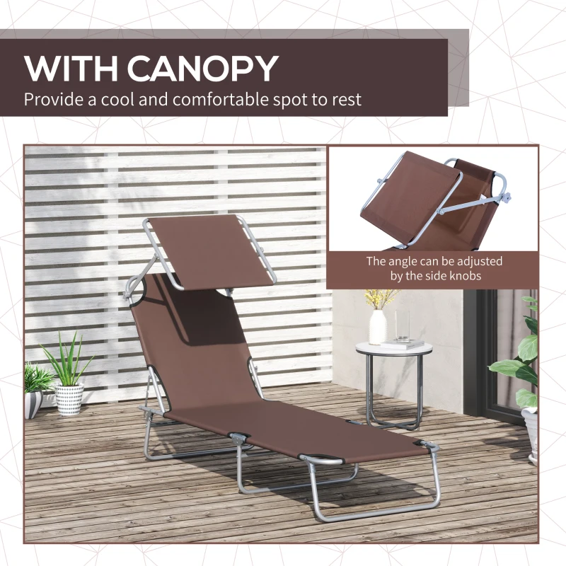 Outsunny Reclining Chair Folding Lounger Seat with Sun Shade Awning Beach Garden Outdoor Patio Recliner Adjustable (Brown)