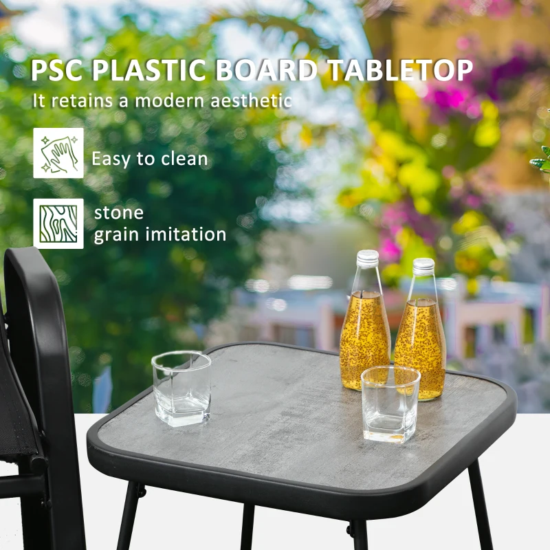 Outsunny Set Bistro de Exterior din 3 piese, Fotolii Stivuibile pentru Terasa cu Tesatura de Plasa Care Permite Circulatia Aerului si Placa PSC, Masuta de Cafea, Negru