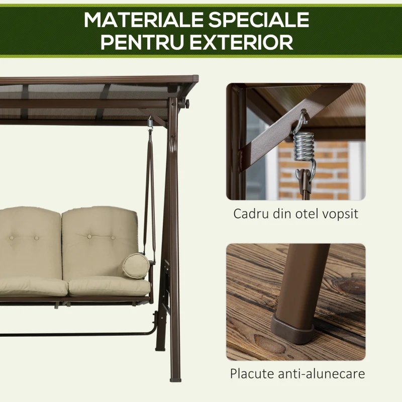 Outsunny Balansoar de Gradina 3 Locuri din Otel si Poliester cu Baldachin Rabatabil din PC si Perne pentru Spatar si Brate, 208x120x174 cm, Maro si Kaki