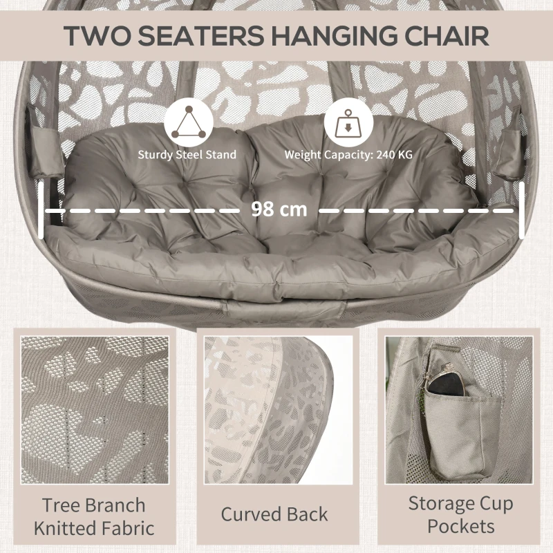 Fotoliu suspendat 2 locuri din otel si bumbac PP cu 2 suporturi, perne din poliester si cadru pliabil, 130x103x172 cm