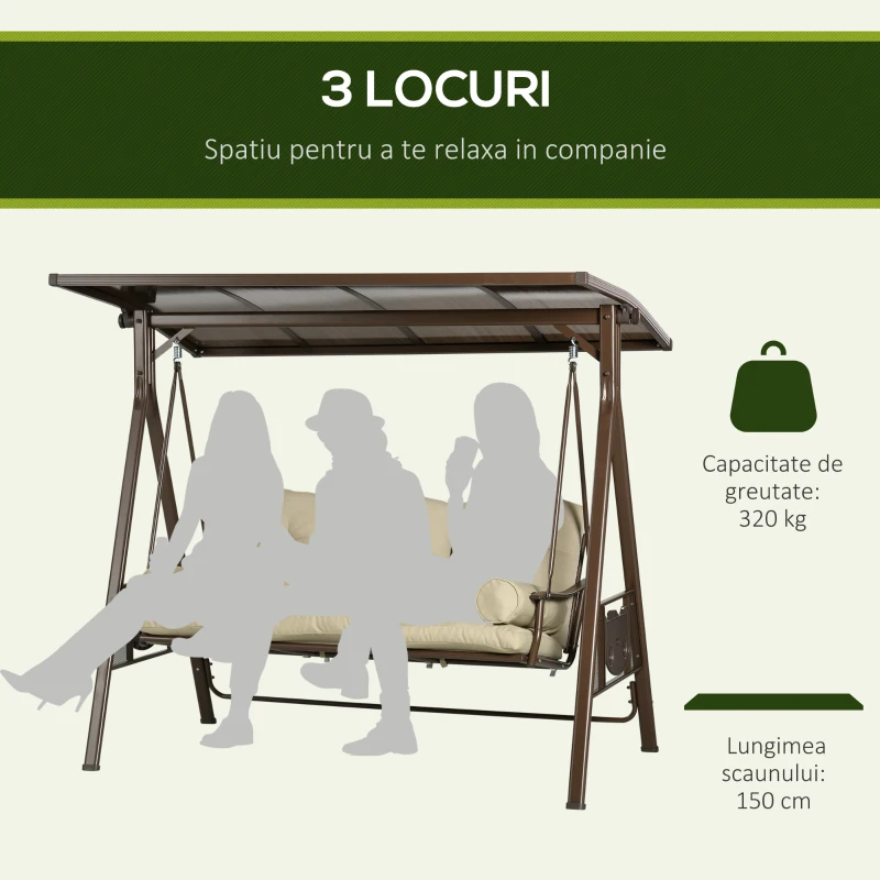 Outsunny Balansoar de Gradina 3 Locuri din Otel si Poliester cu Baldachin Rabatabil din PC si Perne pentru Spatar si Brate, 208x120x174 cm, Maro si Kaki