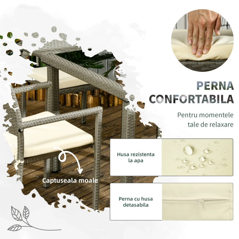 Outsunny Set de Exterior din Ratan PE de 5 Piese, Masa de Gradina cu Blat din Sticla si  4 Scaune cu Perne, Gri