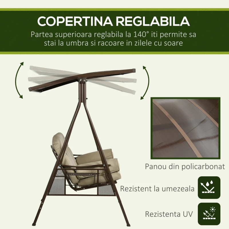 Outsunny Balansoar de Gradina 3 Locuri din Otel si Poliester cu Baldachin Rabatabil din PC si Perne pentru Spatar si Brate, 208x120x174 cm, Maro si Kaki