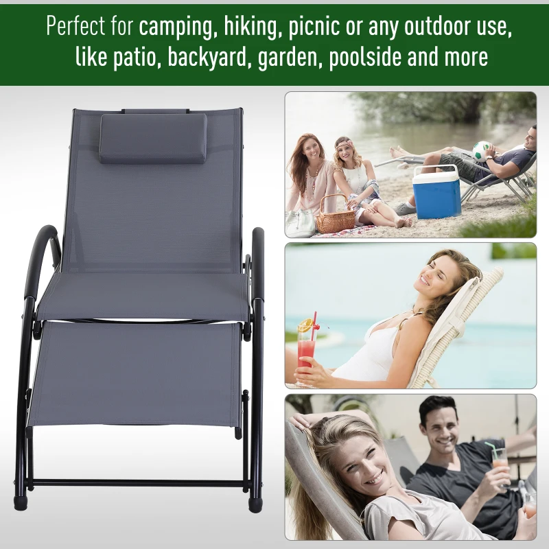 Outsunny Outdoor Lounger Patio Reclining Texteline Chair w/ Pillow, Adjustable Footrest Grey