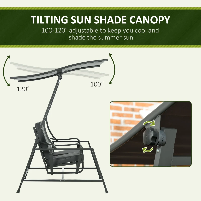 Balansoar pentru gradina cu 2 locuri, din otel cu acoperis inclinabil si perne cu husa detasabila, 148x129x172 cm, negru si gri