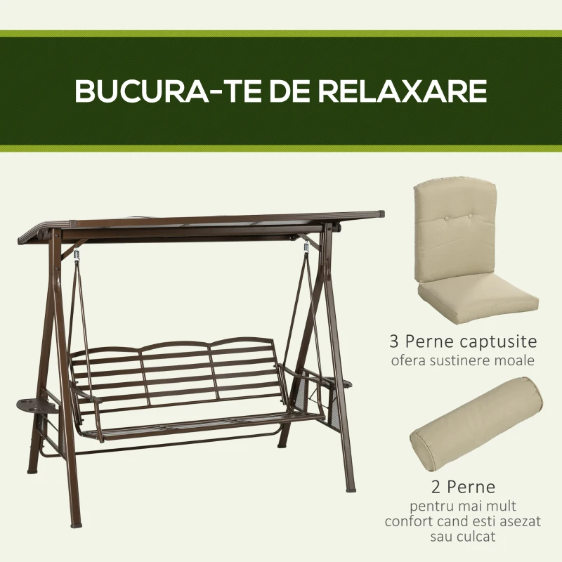 Outsunny Balansoar de Gradina 3 Locuri din Otel si Poliester cu Baldachin Rabatabil din PC si Perne pentru Spatar si Brate, 208x120x174 cm, Maro si Kaki