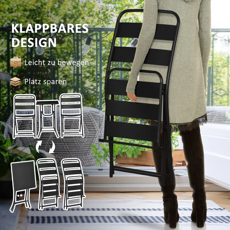 Outsunny Gartenmöbel-Set, Sitzgarnitur, 3-tlg., Klapptisch, 2 Klappstühle, Stahlrahmen, schwarz
