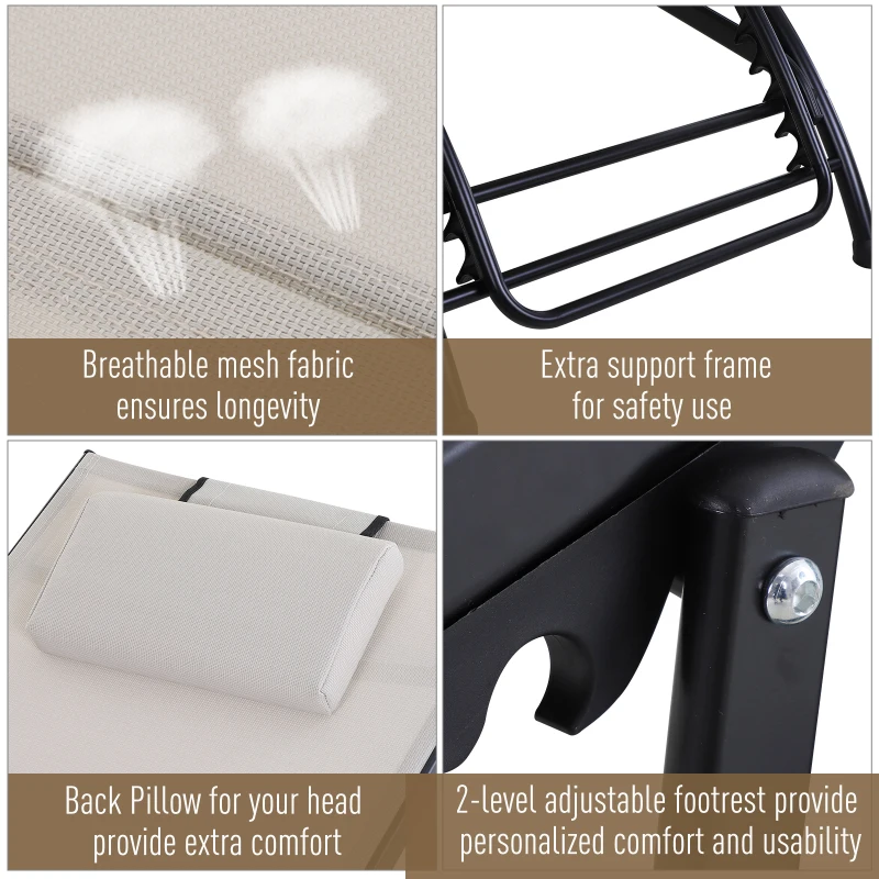 Outsunny Outdoor Lounger Patio Reclining Texteline Chair w/ Pillow, Adjustable Footrest Beige