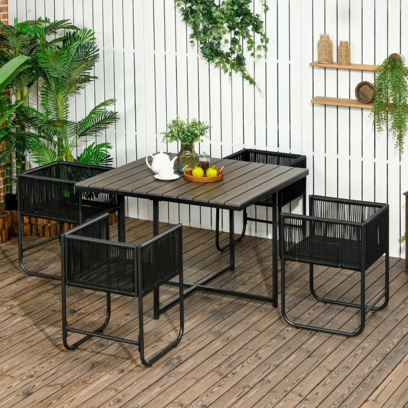 Outsunny Set de Gradina 5 Bucati din Ratan PE si Otel, 4 Scaune de Exterior cu Perne Capitonate si Masa Dreptunghiulara cu Blat din Plastic, Negru si Gri