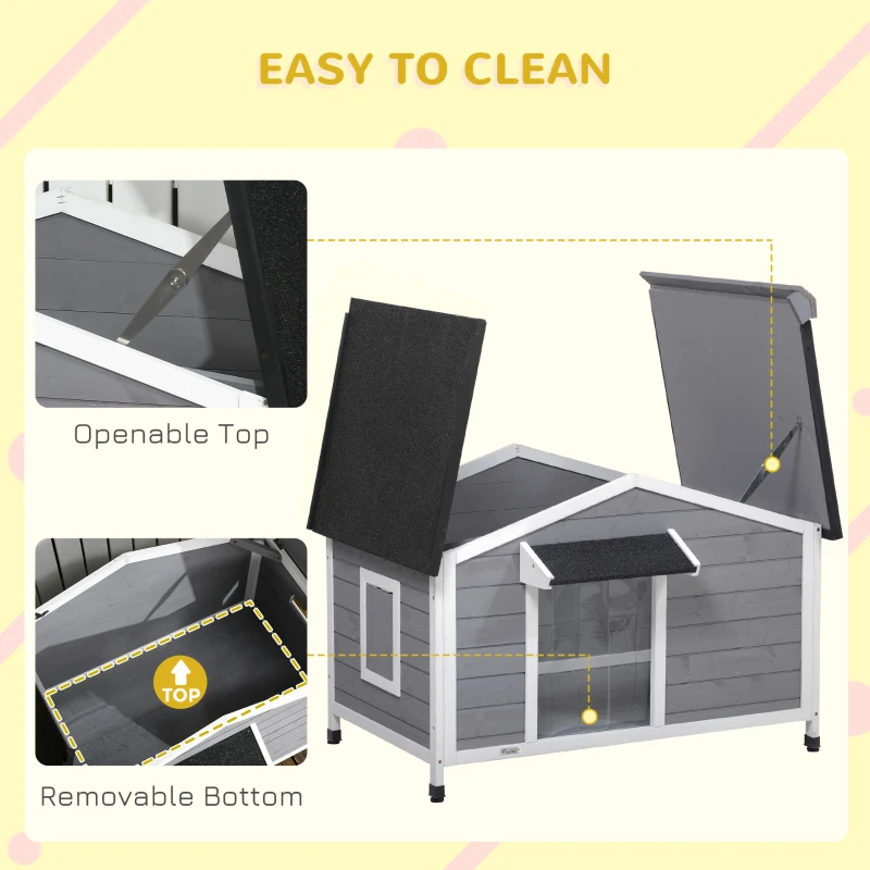 PawHut Cusca pentru Caini Talie Mica si Medie din Lemn de Brad, Design Inaltat cu Perdea de Protectie, 2 Ferestre si Baza Detasabila, 109x79x72 cm