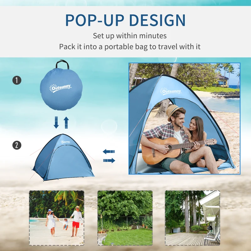 Outsunny Cort Pop up pentru 2-3, Cort de Plaja, Adapost de Soare cu protectie solara UPF30, Doua Podele Extensibile, Buzunare Interioare de Depozitare si Geanta de Transport