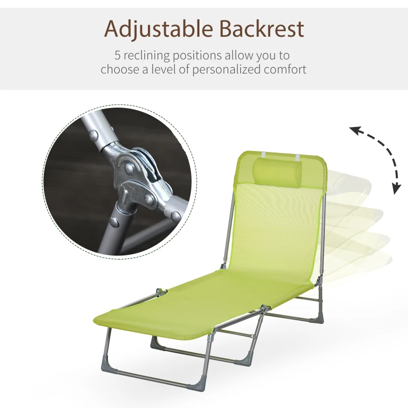 Outsunny Sun Lounge Foldable Reclining Chair with Pillow 5-Level Adjustable Garden Beach Outdoor Texteline Green