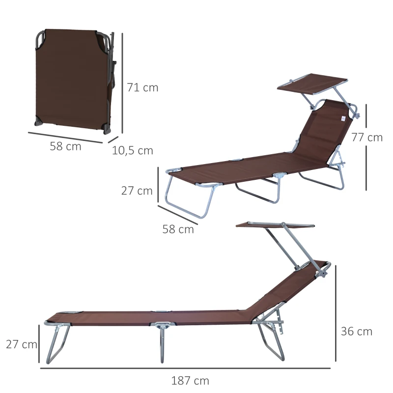 Outsunny Reclining Chair Folding Lounger Seat with Sun Shade Awning Beach Garden Outdoor Patio Recliner Adjustable (Brown)