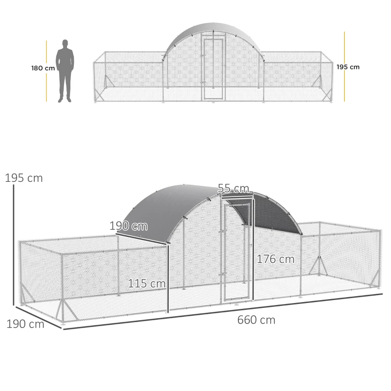 PawHut Cotet de Gaini pentru Gradina pentru 12-14 Gaini, din Otel Zincat si PE cu Copertina si Incuietoare, 600x190x195 cm, Gri Argintiu(m-3)