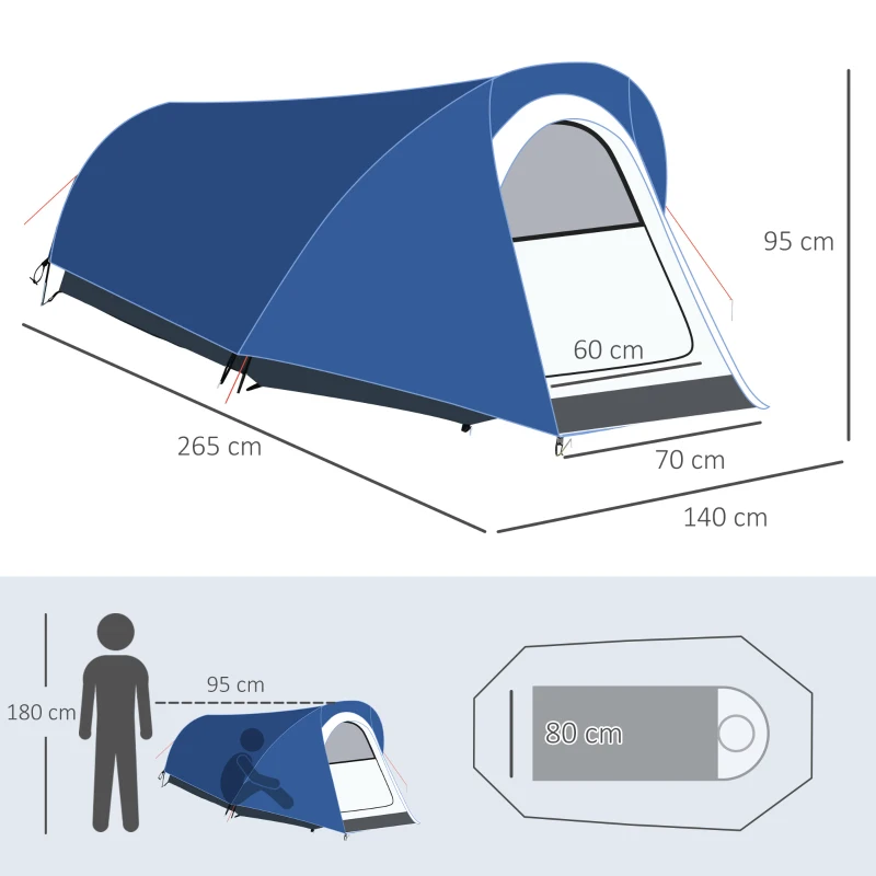 Outsunny Cort de Camping pentru o Persoană cu Ferestre din Plasă și Geantă de Transport, 265x140x95 cm, Albastru