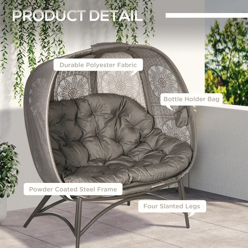 Outsunny Scaun Pliabil in Forma de Ou cu 2 Locuri, Scaun Liber Tip Cos cu Perna, Pungi pentru Sticle pentru Interior sau Exterior, Maro Nisip