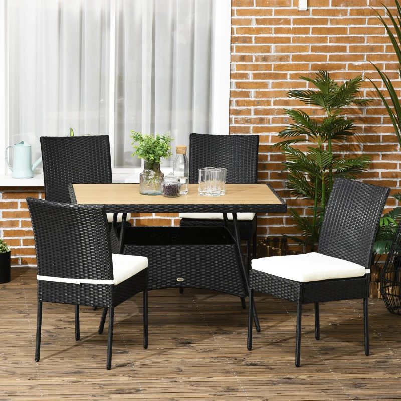 Set de gradina 5 bucati cu masa si 4 scaune pentru exterior din otel si ratan PE cu perne cu husa detasabila, negru