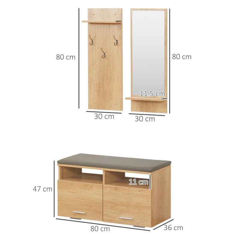 HOMCOM Organizator Modern 3 in 1 pentru Holul de la Intrare cu Dulap de Depozitare a Pantofilor, Cuier de Hol, Organizator de Perete cu Oglinda, Cuier de Haine Montat pe Perete pentru Hol, Natur(m-3)