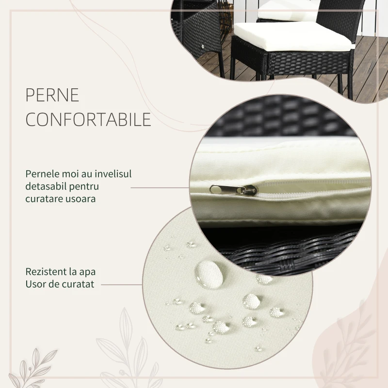 Set de gradina 5 bucati cu masa si 4 scaune pentru exterior din otel si ratan PE cu perne cu husa detasabila, negru