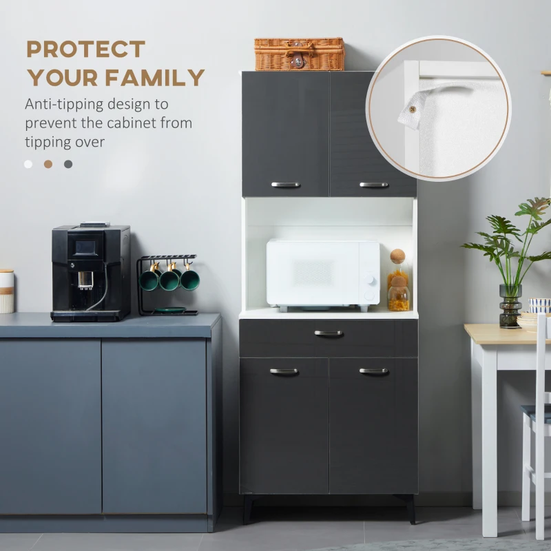 HOMCOM Dulap de Bucatarie, Dulap de Depozitare Independent cu Usi Lucioase Intens, Rafturi Reglabile si Sertar pentru Camera de Zi, Camera de Luat Masa, 177cm, Gri
