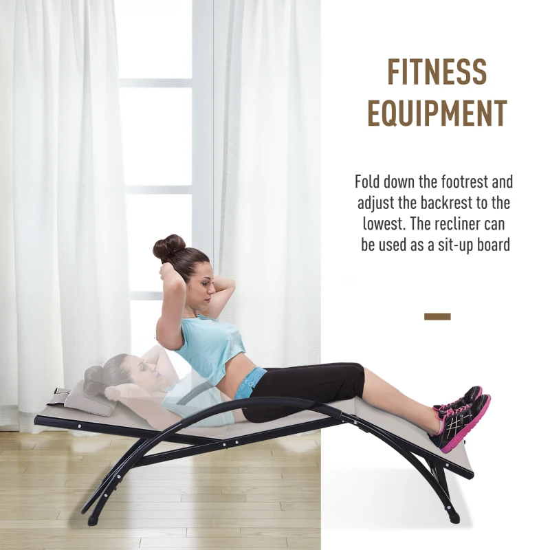 Outsunny Outdoor Lounger Patio Reclining Texteline Chair w/ Pillow, Adjustable Footrest Beige