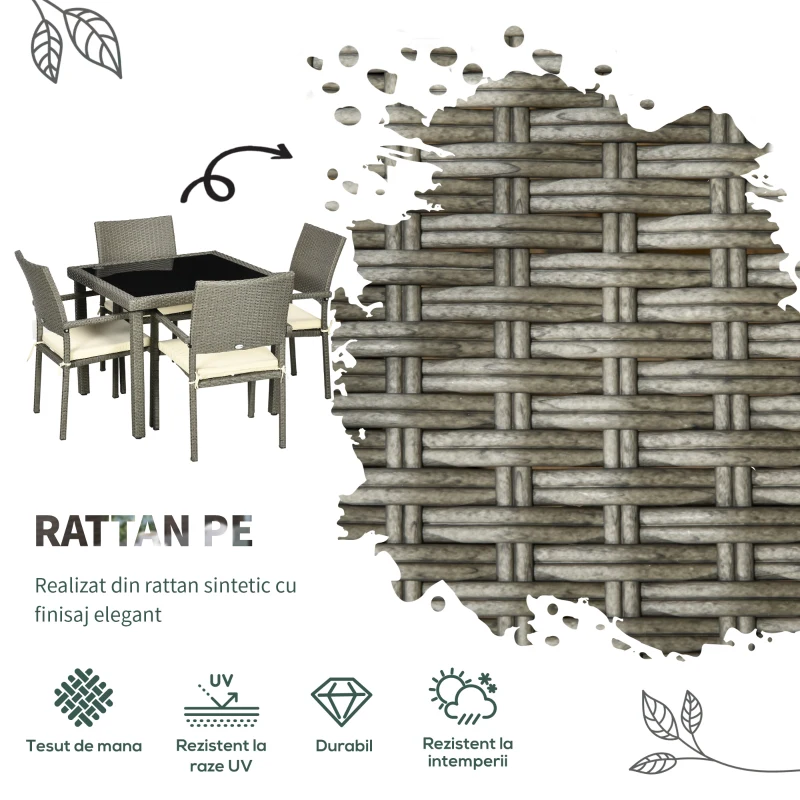 Outsunny Set de Exterior din Ratan PE de 5 Piese, Masa de Gradina cu Blat din Sticla si  4 Scaune cu Perne, Gri