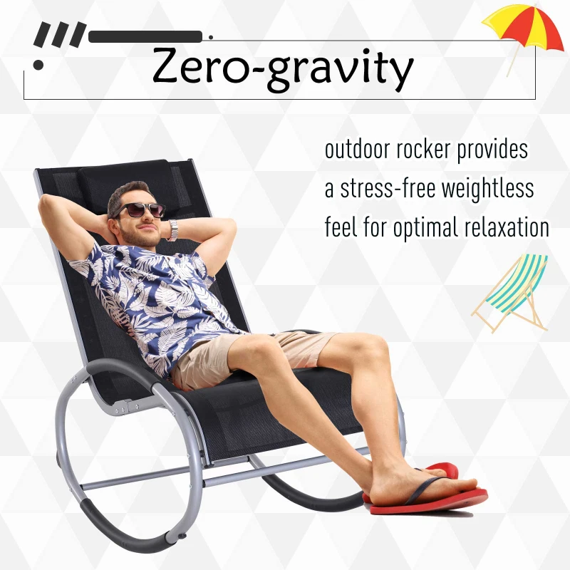 Outsunny Garden Rocking Lounge Zero Gravity Chaise Wave Lounger Seat w/ Pillow Black